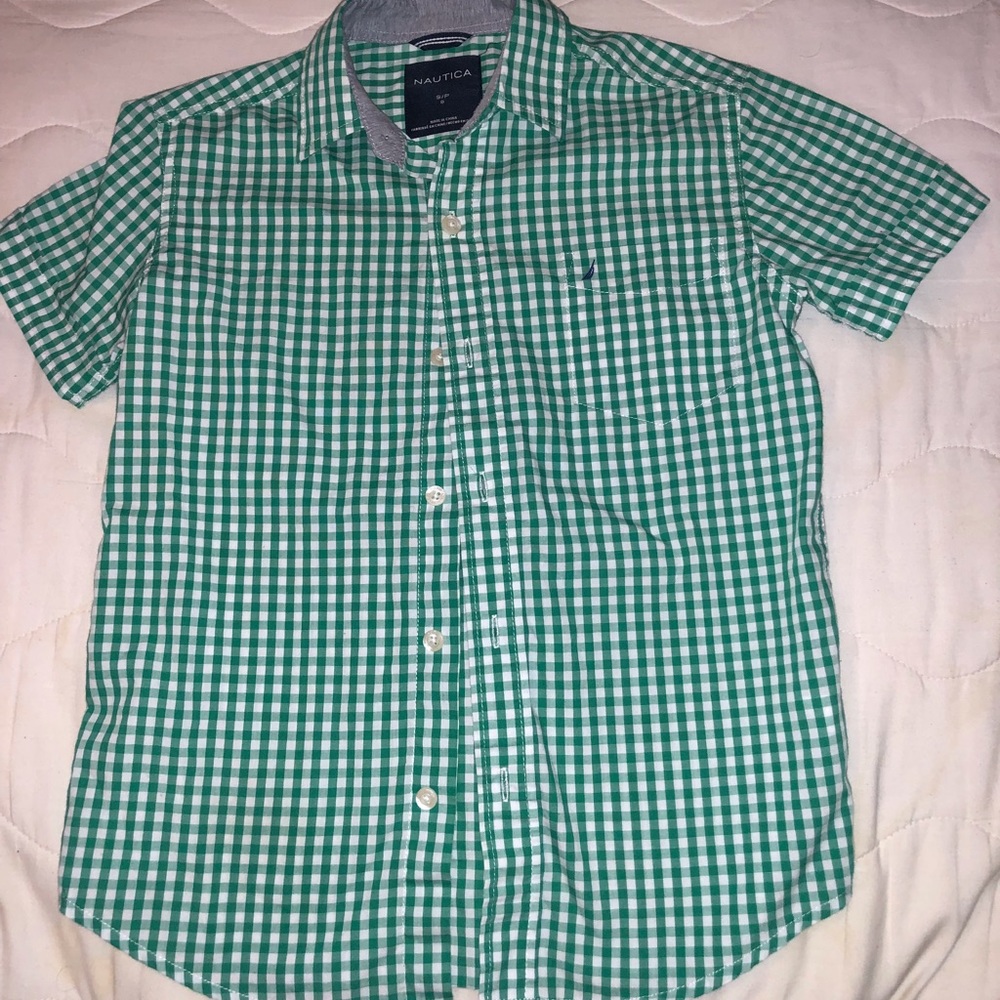 boys green button up.